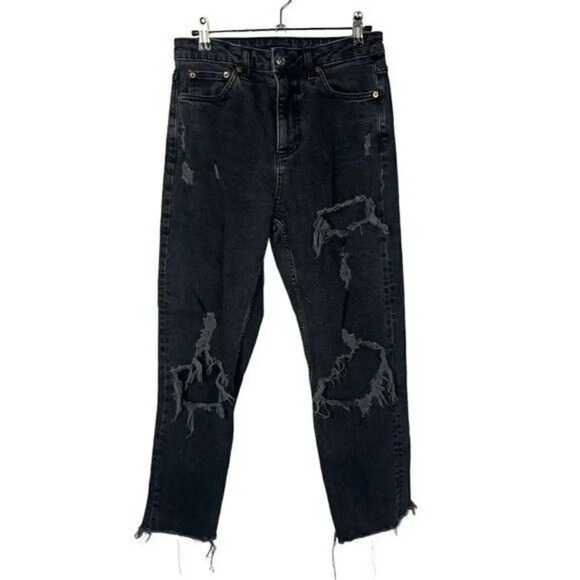 Topshop Black Distressed Raw Hem High Rise Jeans 28 - Picture 1 of 3